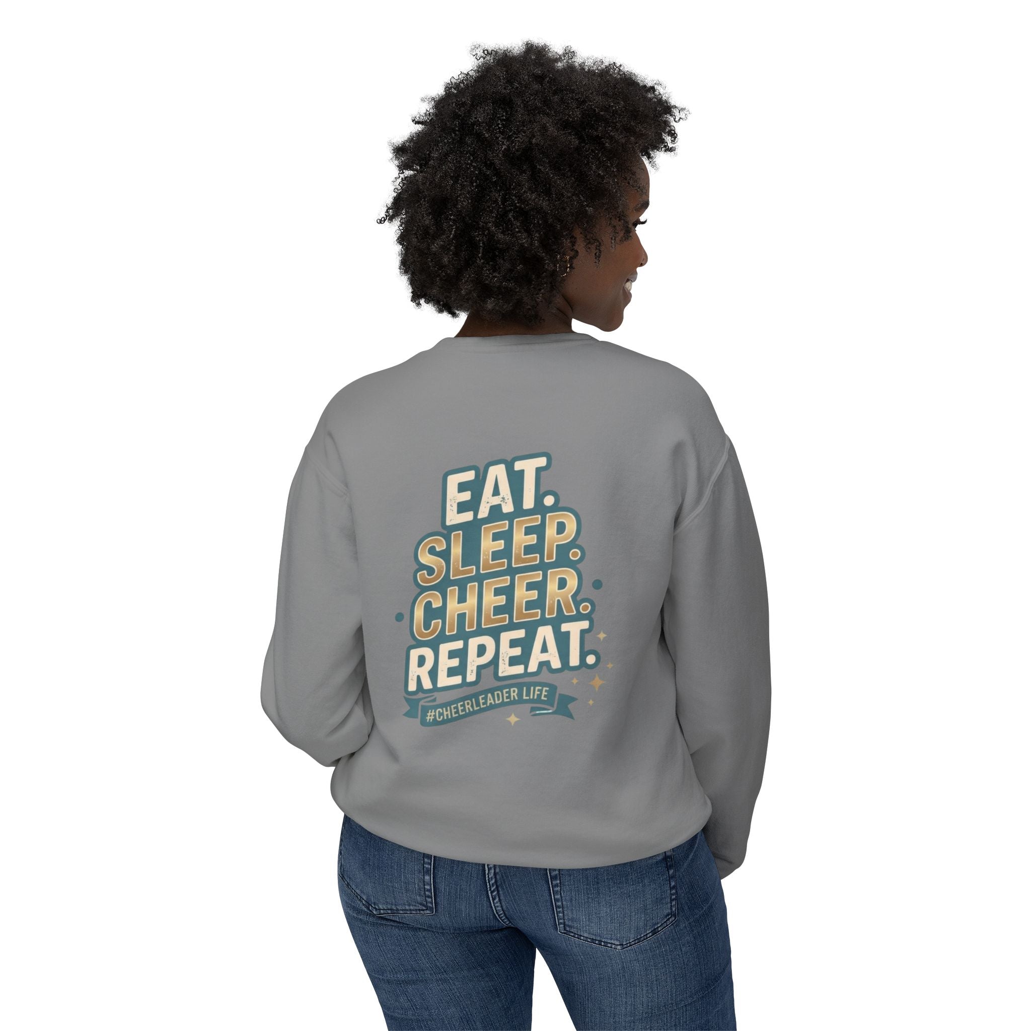 Cheerleader Life Crewneck Sweatshirt — "Eat. Sleep. Cheer. Repeat."